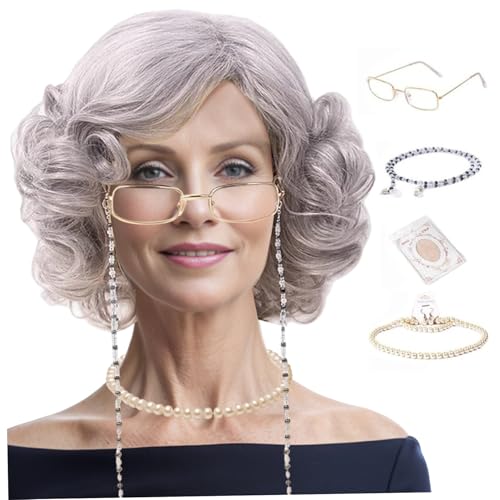 Sgqtqybk 4PCS Oma Kostüm Set, Old Lady Perücken -Set enthält eine lockige Grauen -Grey -Perücke, Perlenhalskette, Brille mit Kette und Kappe für 100. Schuldauer Cosplay Cosplay von Sgqtqybk