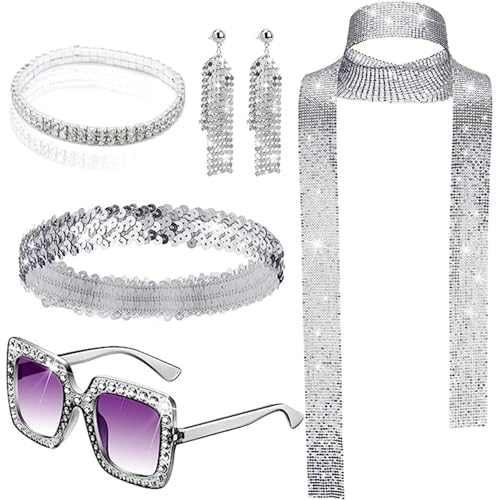 Sgqtqybk 70S -Outfits für Frauen, 5pcs Pailletten Disco Kostüm Frauen, Plastik -Disco -Outfit umfasst Sonnenbrand und Stirnband für Halloween -Geburtstagstanzparty Kostüm von Schalringen. von Sgqtqybk