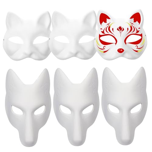 Sgqtqybk Therian Mask 3pcs Katzenmaske ＆ 3pcs Fox, DIY Lackierbar Blanker Katze Therian mit Gummiband weißes Tier für Kinder Maskerade Party Cosplay Halloween von Sgqtqybk