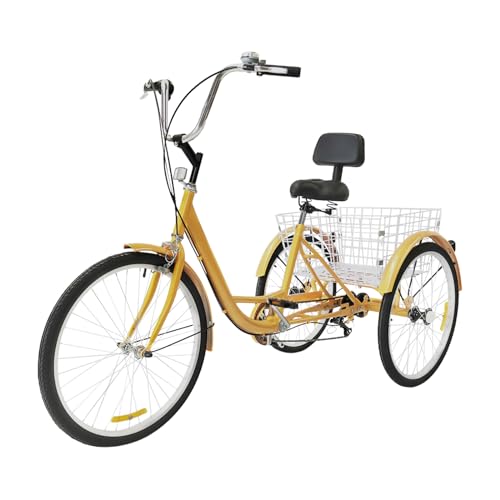 Shaillienn Dreirad Für Erwachsene 24 Zoll, Senioren Fahrrad 6 Gänge, 3 Räder Fahrrad Mit Gemüsekorb, Für Reisen Und Einkäufe,Mehrfarbig Erhältlich (gelb) von Shaillienn