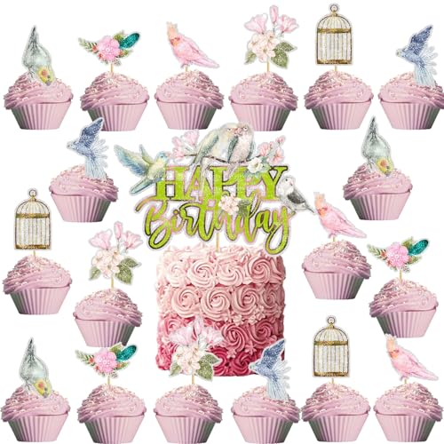 19Stk Birdie Geburtstag Kuchen Toppers, Blume Kuchen Toppers, Papagei Vogel Muster Kuchen Toppers, Wildflower Cupcake Toppers, Baby Dusche Thema Partei Garten Party Dekoration Zubehör von Shamoparty