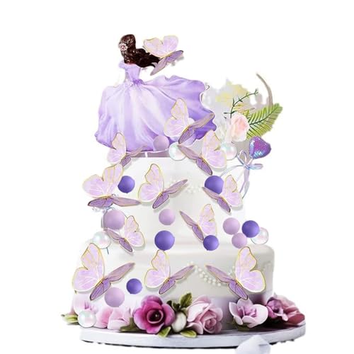 31 Stück Lila Schmetterling Prinzessin Kuchen Topper, Illusion Ball DIY alles Gute zum Geburtstag Thema Party Dekoration, lila Herz Stick, Faux Acryl weiß Runde Kuchen Topper mit Blume von Shamoparty