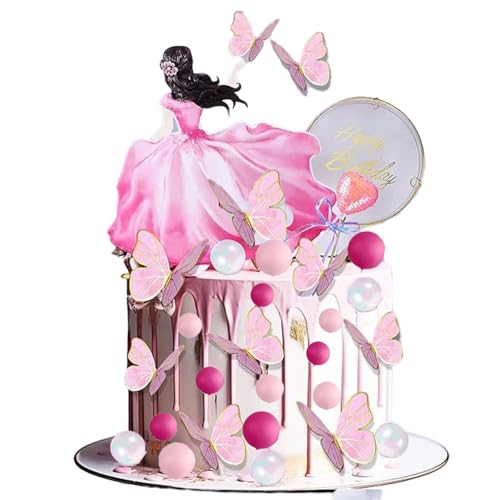 31 Stück rosa Schmetterling Prinzessin Kuchen Topper, Illusion Kugeln DIY alles Gute zum Geburtstag Thema Party-Dekoration, rosa Herz-Stick, Faux Acryl weiß Runde Kuchen Dekoration von Shamoparty