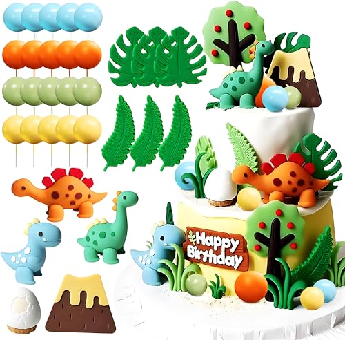 37Stk Tortendeko Dino, Dschungel Kuchen Dekorationen, Cupcake Topper, Dinosaurier Alles Gute zum Geburtstag Cake Topper für Babyparty DinosaurierThema Zubehör von Shamoparty
