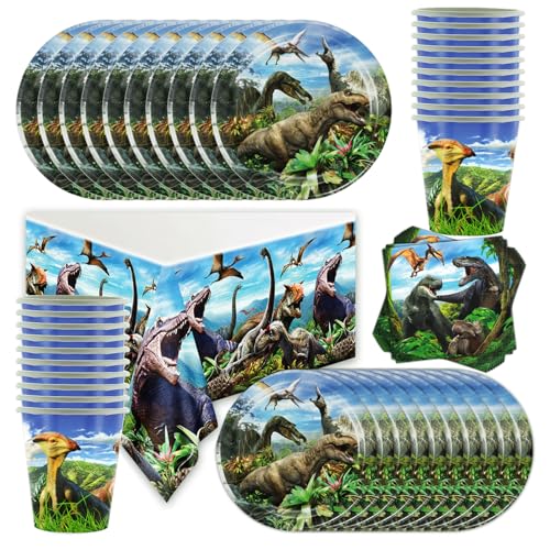 61 Stk Dinos Geschirr Set, Dinosaurie Dekoration Geburtstag Party Supplies Set, Retro-Mythologie-Kreaturen-Party-Tischdekoration Tischdecke Teller Becher Servietten für 20 Gäste von Shamoparty