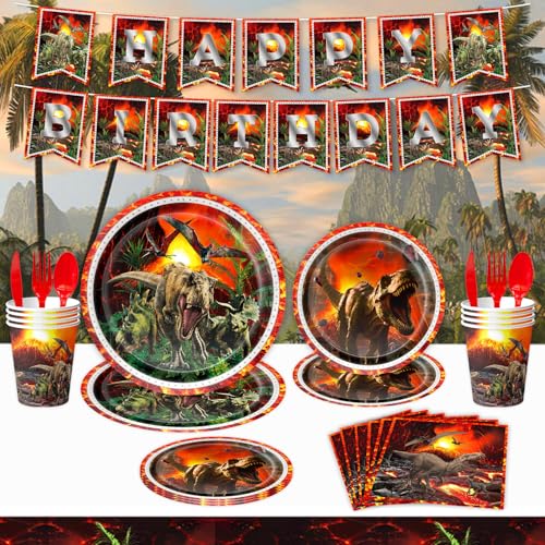 61 Stk Dinos Geschirr Set, Dinosaurie Dekoration Geburtstag Party Supplies Set, Retro Party-Tischdekoration,Szenario mit Dinosauriern aus der prähistorischen Vulkanzeit für 20 Gäste 61 Stk Dinos Geschirr Set, Dinosaurie Dekoration Geburtstag Party Supplies Set, Retro Party-Tischdekoration,Szenario mit Dinosauriern aus der prähistorischen Vulkanzeit für 20 Gäste von Shamoparty
