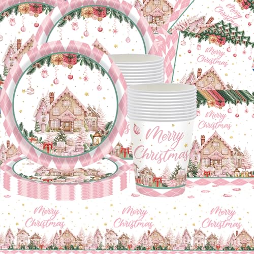 61 Stück rosa Weihnachtsparty Geschirr Set, Weihnachts-Thema, rosa Farbe Dekoration, Geburtstagsparty Dekoration, Essdeck, Papierbescher, Handtücher, Karton, für 20 Gäste von Shamoparty