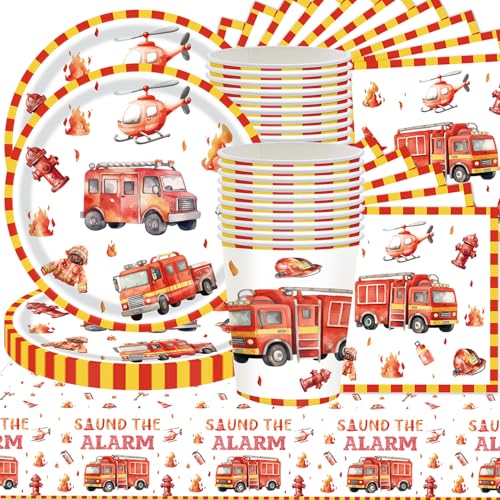 61St Feuerwehrmann Party Geschirr Set, Kinder Party Dekorationen Zubehör, Feuerwehrmann Thema Geburtstag Dekorationen, rotes Geschirr enthält Teller Tassen Papier Servietten Tischdecke (20 Gäste) von Shamoparty