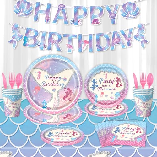 61Stk Dient für 20 Gäste Meerjungfrau-Partygeschirr Set, Partyzubehör für Mädchen Geburtstag Tischdeko Meerjungfrau[Teller, Tasse, Tischdecke,Servietten] von Shamoparty