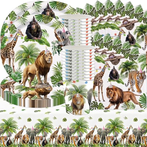 61Stk Wildlife Party Geschirr, Dschungel Dekorationen Zubehör, Jungen Mädchen Geburtstag Party Dekorationen, Giraffe Löwe Tiger Gorilla Geschirr Set enthält Teller Tassen Papier Servietten Tischdecken von Shamoparty