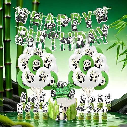 Geburtstagsdeko Set,Panda Party Dekorationen,Happy Birthday Blättern , Geburtstag Luftballoon, Cake Topper,Panda Themen Babyparty,Party Zubehör von Shamoparty