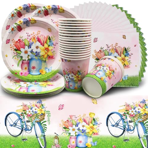Party Geschirrset Pappteller Tischdecke mit Blumen Pappbecher Servietten Blumen für Geburtstag Babyparty Bride to Be Hochzeit Partygeschirr 20 Gäste-A von Shamoparty