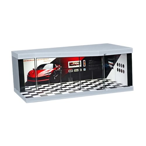 Sharplace 1:64 Autogarage im Maßstab mit LED-Ausstellungshalle, Diorama-Hintergrund, Sammlerstücke für Druckgussautos, Mini-Puppen, Figuren, Schwarz-weißes Gitter von Sharplace