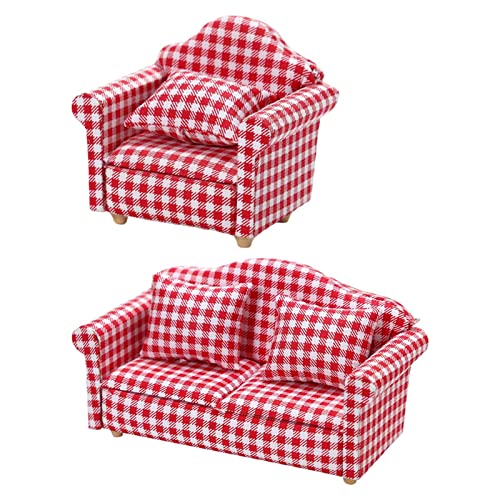 Sharplace 2 Teiliges Puppenhaus Sofa Rot Weiß Kariert 1/12 Möbel Set von Sharplace