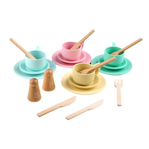 Sharplace Holzspielzeugteller, Geschirr, Rollenspiel-Spielset, Tassen, pädagogische Gabeln, Küchenzubehör aus für Jungen, Mädchen von Sharplace