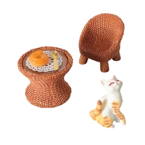 Sharplace Miniatur-Katzenfigur mit Möbel-Tischset, Modell-Dioramen, Basteln, Rollenspiel, Spielzeug, Tisch und Stuhl, Spielzeug für Modelleisenbahn, Katze mit Erhobenem Kopf von Sharplace