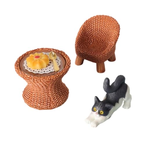 Sharplace Miniatur-Katzenfigur mit Möbel-Tischset, Modell-Dioramen, Basteln, Rollenspiel, Spielzeug, Tisch und Stuhl, Spielzeug für Modelleisenbahn, Katzen-Stretching von Sharplace
