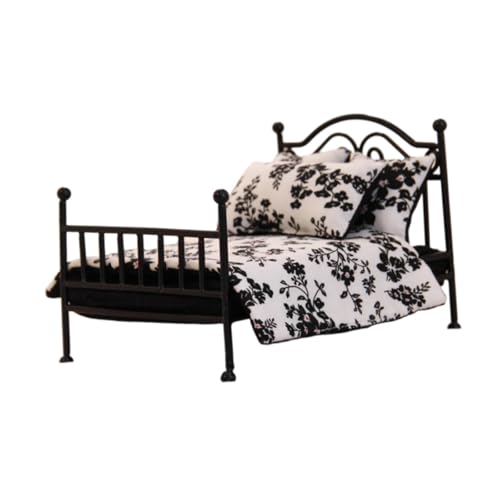 Sharplace Puppenhausbett im Maßstab 1:12, Zubehörszene, Mini-Modell, Schlafzimmer, Mikroszene, Ornament, Wohnkultur, Puppenhausmöbel, Miniaturbett, Schwarz von Sharplace
