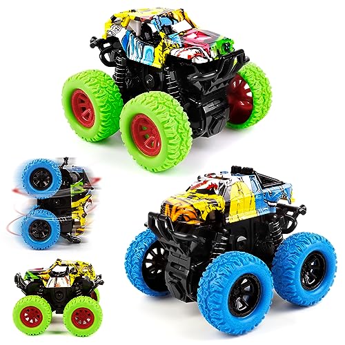 Shayson Monstertruck Auto Spielzeug, Spielzeugautos Monster Trucks für 3+ Jahre Kinder Geschenk, Aufziehauto LKW Reibungsbetriebene Rennwagen Zurückziehen, 360 Grad Rotierende, 2 Stück von Shayson