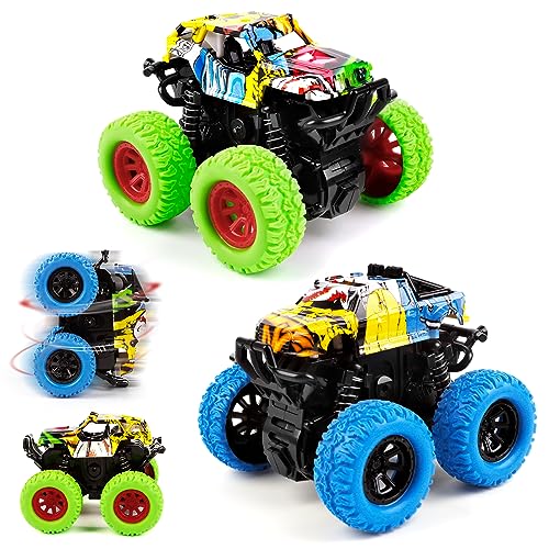 Monstertruck Auto Spielzeug, Shayson Spielzeugautos Monster Trucks für 3+ jahre Kinder Geschenk, Aufziehauto LKW Reibungsbetriebene Rennwagen Zurückziehen, 360 Grad Rotierende, 2 Stück von Shayson