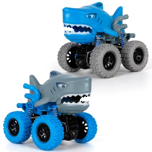 Shayson MonsterTruck Auto Spielzeug, Hai-Auto Monster Truck 360°Drehendes Spielzeugautos Fahrzeug, Geschenk für Jungen Kinder ab 2 3 Jahre, Kraftvoller Fahrer, Mundwackeln, Robust, Sicher, 2 Pack von Shayson