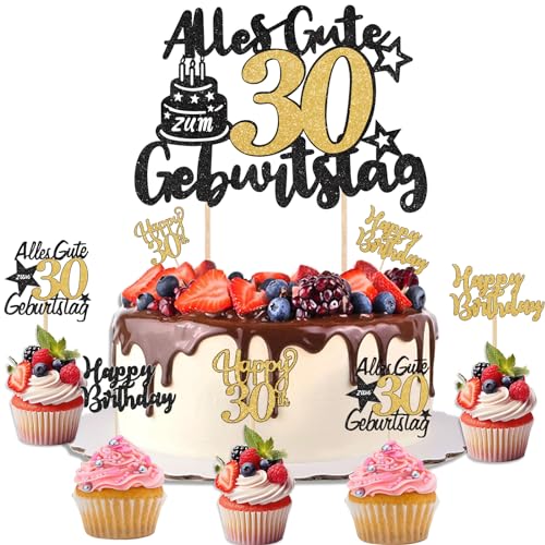 13 Stück Tortendeko 30. Geburtstag Männer - Happy Birthday Cake Topper Deko Mann Alles Gute zum Geburtstag - Schwarz Gold Torten Deko von ShengDexin