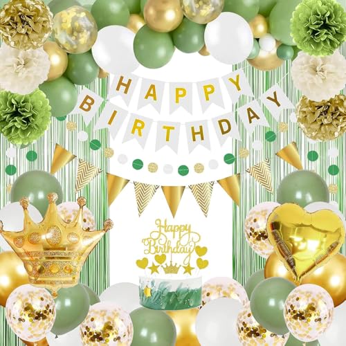 Geburtstagsdeko Grün, Geburtstag Deko Frauen Luftballon Girlande Salbeigrün Gold weiß mit Happy Birthday Girlande, Cake Topper, Lametta Vorhang und Pompons Deko Geburtstagsdeko Grün, Geburtstag Deko Frauen Luftballon Girlande Salbeigrün Gold weiß mit Happy Birthday Girlande, Cake Topper, Lametta Vorhang und Pompons Deko von ShengDexin
