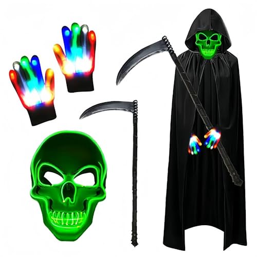 Halloween Sensenmann Kostüm Set,Halloween Kostüm Jungen,Sensenmann Kostüm Erwachsene,Leuchtende Maske Set mit Sensemann Umhang und Sense und Glow Handschuhe für Party Karneval Cosplay (GrünB) von Shengou