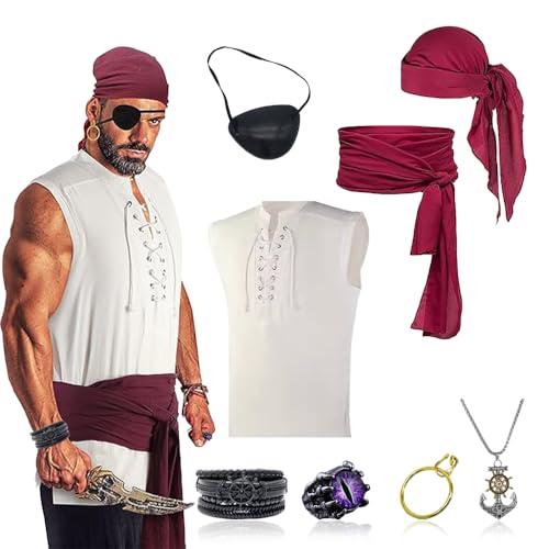 Piraten Accessoires Set,Mittelalter Piratenkostüm Zubehör Set,Piraten Stirnband Taillengürtel,Piratenkapitän Mittelalterliche Große Schärpe,Piraten Bandanas,Damen Herren Piraten Verkleidung Piraten Accessoires Set,Mittelalter Piratenkostüm Zubehör Set,Piraten Stirnband Taillengürtel,Piratenkapitän Mittelalterliche Große Schärpe,Piraten Bandanas,Damen Herren Piraten Verkleidung von Shengou