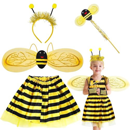 Bienen Kostüm,4 Stück Bienenkostüm kinder, Mädchen Bienen Kostüm Kind Rock, Hummel Kostüm Biene Kinder, Bienen Haarreif Karneval Kostüm, Kinder Faschingskostüm Biene, Mädchen Bienen Kostüm Kind Rock… von Shengruili