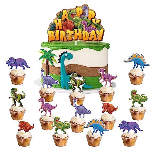 Cake Topper,15 Stück Happy Birthday Tortenstecker,Dinosaurier Topper,Dino Muffin Deko,Geburtstagsdeko,Dinosaurier Thema Dekoration,Tortendeko,Kuchendeko von Shengruili