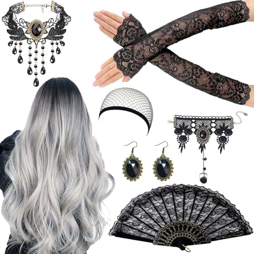 Halloween Perücke Damen,Frauen Perücke Mit Gotisch Halskette Armbänder Ohrringe,Lace Handschuhe,Grey Wig Lang Haar Gelockt,Perücke Frauen Kostüm Halloween für Halloween Karneval Cosplay Kostüm Party Halloween Perücke Damen,Frauen Perücke Mit Gotisch Halskette Armbänder Ohrringe,Lace Handschuhe,Grey Wig Lang Haar Gelockt,Perücke Frauen Kostüm Halloween für Halloween Karneval Cosplay Kostüm Party von Shengruili