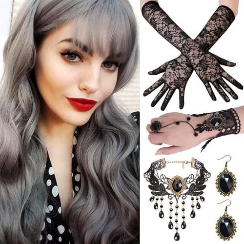 Halloween Perücke Damen,Frauen Perücke Mit Gotisch Halskette Armbänder Ohrringe,Lace Handschuhe,Grey Wig Lang Haar Gelockt,Perücke Frauen Kostüm Halloween für Halloween Karneval Cosplay Kostüm Party Halloween Perücke Damen,Frauen Perücke Mit Gotisch Halskette Armbänder Ohrringe,Lace Handschuhe,Grey Wig Lang Haar Gelockt,Perücke Frauen Kostüm Halloween für Halloween Karneval Cosplay Kostüm Party von Shengruili