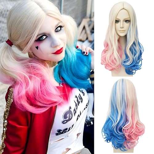 Harley Quinn Perücke Damen,Lang Cosplay Perücke,Bösewicht perücke,Quinn Cosplay,Blond Blau Rosa für Karneval Halloween Fasching Kostüme Party von Shengruili