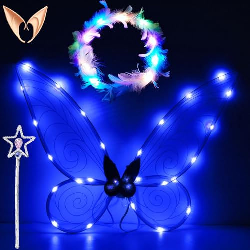 LED Feenflügel Leuchtende,Feenflügel Kinder,Schmetterlingsflügel mit Elfenöhren,LED Feder Stirnbänder und Sterne Feenstäbe,Fairy Wings,Flügel Fee,für Halloween,Karneval,Party,Fasching Kostüm von Shengruili