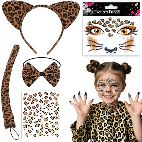 Shengruili 5 Stück Leoparden Kostüm Set,Leoparden Kostüm Damen,Leopard Gesichts Kunst Aufkleber,leopard kostüm Kinder,hren Haarreif,Schwanz,Fliege für Fasching,Karneval,Party Animals Shengruili 5 Stück Leoparden Kostüm Set,Leoparden Kostüm Damen,Leopard Gesichts Kunst Aufkleber,leopard kostüm Kinder,hren Haarreif,Schwanz,Fliege für Fasching,Karneval,Party Animals von Shengruili