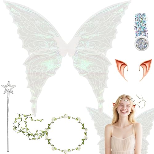 Shengruili 5Pcs Feenflügel Kostüm,Flügel Fee,Fee Stirnband und Sterne Feenstäbe,Schmetterlingsflügel mit Elfenöhren,Glitzereffekt Pailletten für Cosplay,Partys und VerkleidungPebbles Set(B) von Shengruili