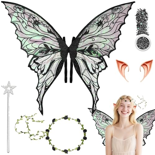 Shengruili 5Pcs Feenflügel Kostüm,Flügel Fee,Fee Stirnband und Sterne Feenstäbe,Schmetterlingsflügel mit Elfenöhren,Glitzereffekt Pailletten für Cosplay,Partys und VerkleidungPebbles Set(F) von Shengruili