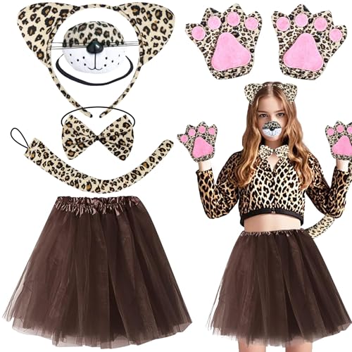 Shengruili 6 Stück Leoparden Kostüm Set,Leoparden kostüm Damen,Leopard Kostüm Kinder,leoparden Ohren Haarreif,Röcke,Fäustling,Nasen,Leopard Schwanz,Fliege für Fasching,Karneval,Party Animals von Shengruili