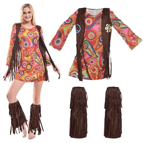 Shengruili 60er 70er Jahre Kostüm Damen,Hippie Kostüm Damen Set,Hippie Kleidung Damen,Hippie Kleid Damen,Disco Halloween Outfits,Hippie Damen Kleid Set für Halloween,Karneval Party von Shengruili