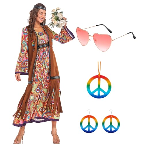 Shengruili 60er 70er Jahre Kostüm Damen,Hippie Kostüm Set,Hippie Kleid Kostüm für Damen,Disco Halloween Outfits,Hippie Damen Kleid Set für Halloween,Karneval Party von Shengruili