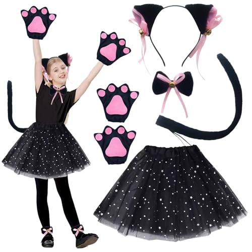 Shengruili Katzenkostüm Kinder,Katze Cosplay Set,Tierkostüm Kinder,Kostüm katze Mädchen,Kostüm kinder,katzen-Cosplay-Set für Mädchen,Halloween Karneval Verkleidung Party-Kostüm von Shengruili