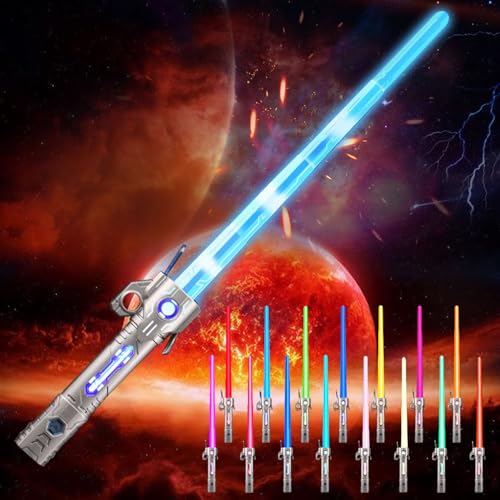 Shengruili Laserschwert Kinder,Duell Lichtschwerter,2 in 1 Lichtschwert,RGB 15 Farben Lichtschwerter,Smooth Swing USB Wiederaufladbare Laserschwert,Cosplay Spielzeug für Kinder Geschenk von Shengruili