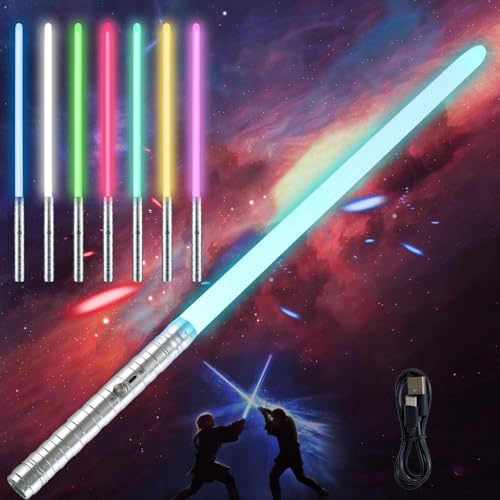 Shengruili Laserschwert Kinder,Duell Lichtschwerter,2 in 1 Lichtschwert,RGB 7 Farben Metall Hilt Lichtschwerter,Smooth Swing USB Wiederaufladbare Laserschwert,Cosplay Spielzeug für Kinder Geschenk von Shengruili