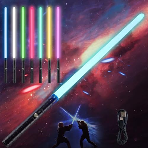 Shengruili Laserschwert Kinder,Duell Lichtschwerter,2 in 1 Lichtschwert,RGB 7 Farben Metall Hilt Lichtschwerter,Smooth Swing USB Wiederaufladbare Laserschwert,Cosplay Spielzeug für Kinder Geschenk von Shengruili