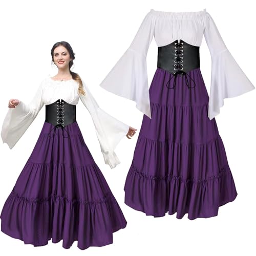 Shengruili Mittelalter Renaissance Kostüme,Traditionelles Irisches Kleid Kostüm,Kleid Damen Trompetenärmel,Gothic Retro Kleid,Vintage Kleider für Fasching Halloween Irish Kostümparty von Shengruili