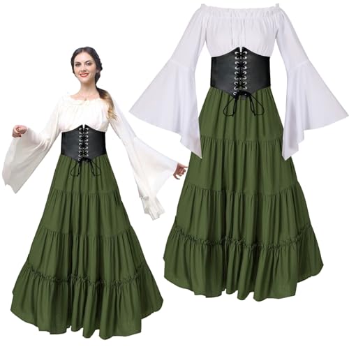 Shengruili Mittelalter Renaissance Kostüme,Traditionelles Irisches Kleid Kostüm,Kleid Damen Trompetenärmel,Gothic Retro Kleid,Vintage Kleider für Fasching Halloween Irish Kostümparty von Shengruili