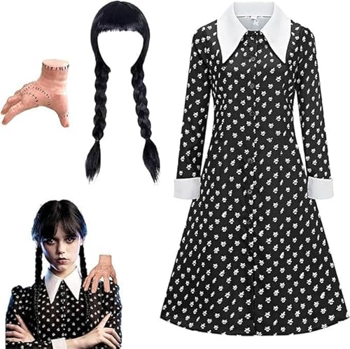 Wednesday Kostüm Kleid für Mädchen,Wednesday Kleid für Kinder,Mittwoch Kostüm Mädchenkleid,Mittwoch Familie Kostüm Kleider,Wednesday Family Thing Kostüm,für Cosplay Halloween Karneval Party von Shengruili