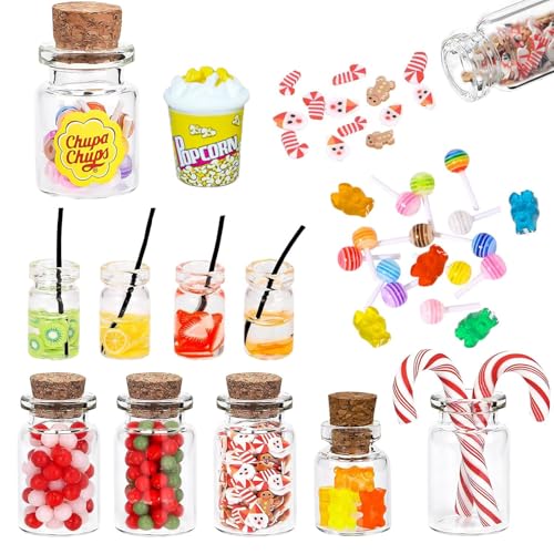 Weihnachten Wichtel Zubehör,14 Stück Miniatur Weihnachten Süßigkeiten und Trinken Set,Mini Essen Getränke,mit Lolli Gummibärchen,Miniatur Spielzeug für Miniatur Süßigkeitenglas von Shengruili