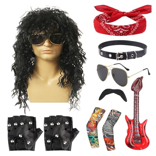 Shenrongtong 80er-Rocker-Kostüm,80er-Rocker-Kostüm für Herren | 10-teiliges Halloween-Rocker-Kostüm | Punk-Partyzubehör, inklusive Perücke, Stirnband, Kragen, Sonnenbrille, Handschuhen, Ärmeln, von Shenrongtong